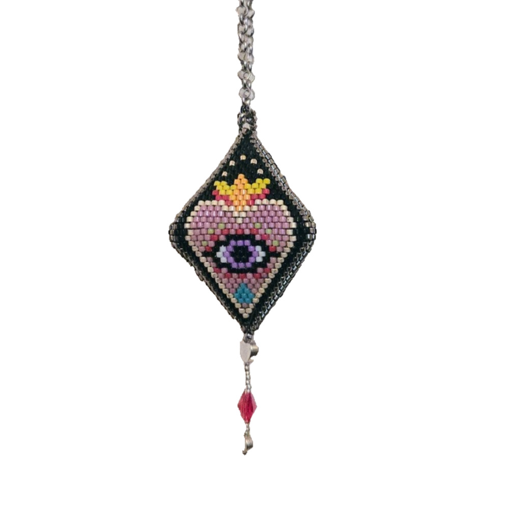 Handmade beaded bead pod sacred heart evil eye necklace - Picture 2 of 8